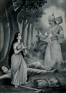 यम सत्यवान की आत्मा को लेने आता है और सावित्री उसका पीछा करती है। (सौजन्य: गीता प्रेस द्वारा महाभारत) यम सत्यवान की आत्मा को लेने आता है और सावित्री उसका पीछा करती है। (सौजन्य: गीता प्रेस द्वारा महाभारत)