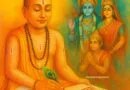 तुलसीदास जी चित्रकूट के घाट पर रामचरितमानस की रचना करते हुए, पास में बैठे श्रीराम, लक्ष्मण और हनुमान जी; पारंपरिक भारतीय चित्रकला शैली में एक भक्ति से भरा दृश्य।