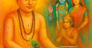 तुलसीदास जी चित्रकूट के घाट पर रामचरितमानस की रचना करते हुए, पास में बैठे श्रीराम, लक्ष्मण और हनुमान जी; पारंपरिक भारतीय चित्रकला शैली में एक भक्ति से भरा दृश्य।