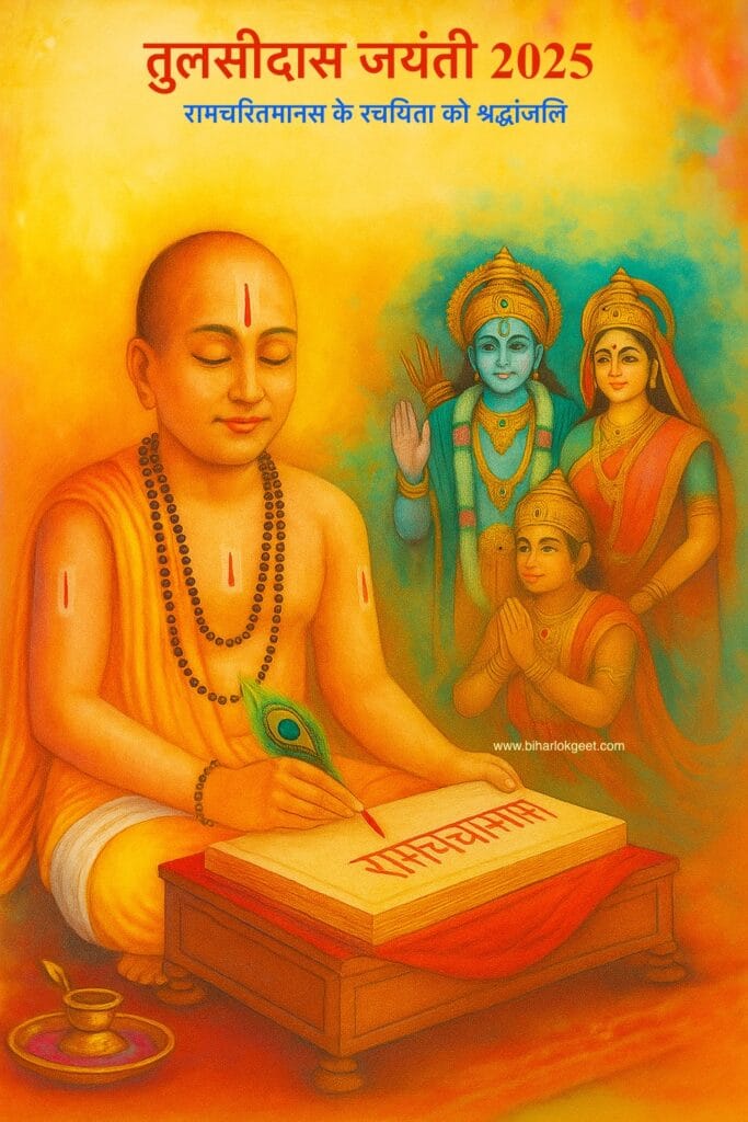 तुलसीदास जी चित्रकूट के घाट पर रामचरितमानस की रचना करते हुए, पास में बैठे श्रीराम, लक्ष्मण और हनुमान जी; पारंपरिक भारतीय चित्रकला शैली में एक भक्ति से भरा दृश्य।