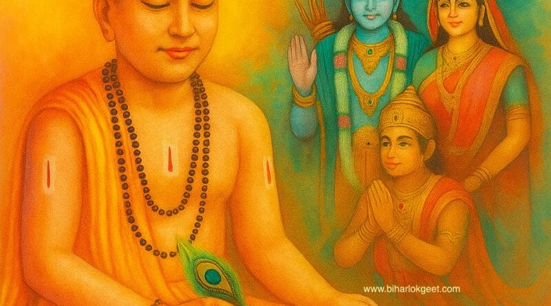 तुलसीदास जी चित्रकूट के घाट पर रामचरितमानस की रचना करते हुए, पास में बैठे श्रीराम, लक्ष्मण और हनुमान जी; पारंपरिक भारतीय चित्रकला शैली में एक भक्ति से भरा दृश्य।