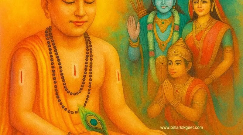 तुलसीदास जी चित्रकूट के घाट पर रामचरितमानस की रचना करते हुए, पास में बैठे श्रीराम, लक्ष्मण और हनुमान जी; पारंपरिक भारतीय चित्रकला शैली में एक भक्ति से भरा दृश्य।