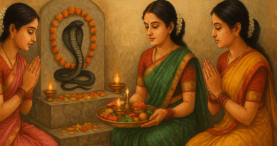 नाग पंचमी 2025 के दिन महिलाएं नाग देवता की पूजा करती हुईं, पारंपरिक परिधान और पूजा थाली के साथ