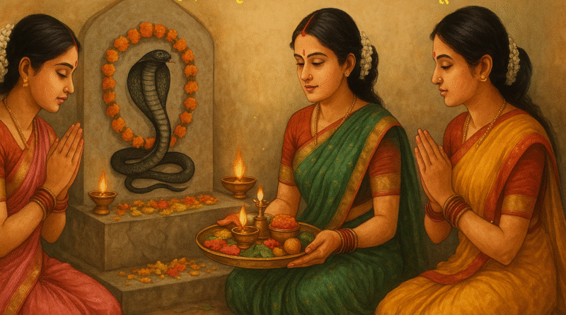 नाग पंचमी 2025 के दिन महिलाएं नाग देवता की पूजा करती हुईं, पारंपरिक परिधान और पूजा थाली के साथ