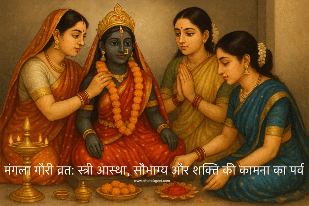 मंगला गौरी व्रत के दिन स्त्रियाँ श्रृंगार करती हुईं