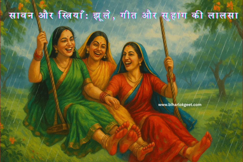 सावन में झूला झूलती पारंपरिक भारतीय स्त्रियाँ – हरियाली और उत्सव का दृश्य