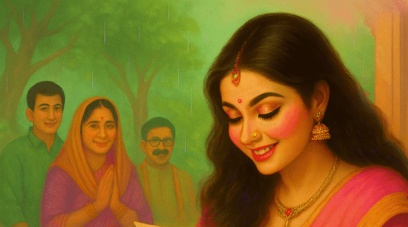 सावन में माँ की ममता से भरी सावनपुरिया थाली — जिसमें हैं हरी चूड़ियाँ, मेंहदी, मिठाई और रंग-बिरंगे लिफाफे, जो बेटी के मन को भिगो देती है और उसे मायके की याद दिला जाती है।