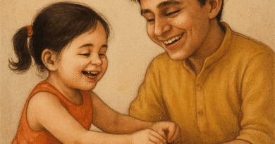 छोटी बहन भाई की कलाई पर राखी बांधती हुई, मुस्कुराते चेहरे