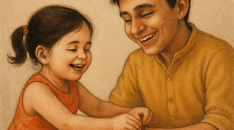 छोटी बहन भाई की कलाई पर राखी बांधती हुई, मुस्कुराते चेहरे