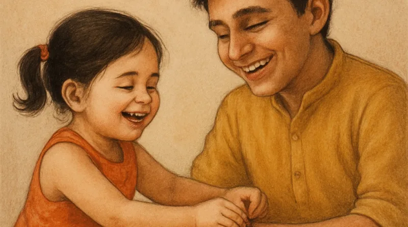 छोटी बहन भाई की कलाई पर राखी बांधती हुई, मुस्कुराते चेहरे